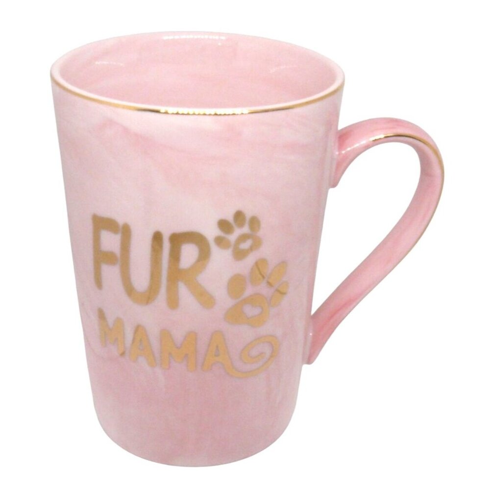 Marbleized Pink Ceramic "Fur Mama" Coffee Tea Mug Cup w Gold Paw Print Design